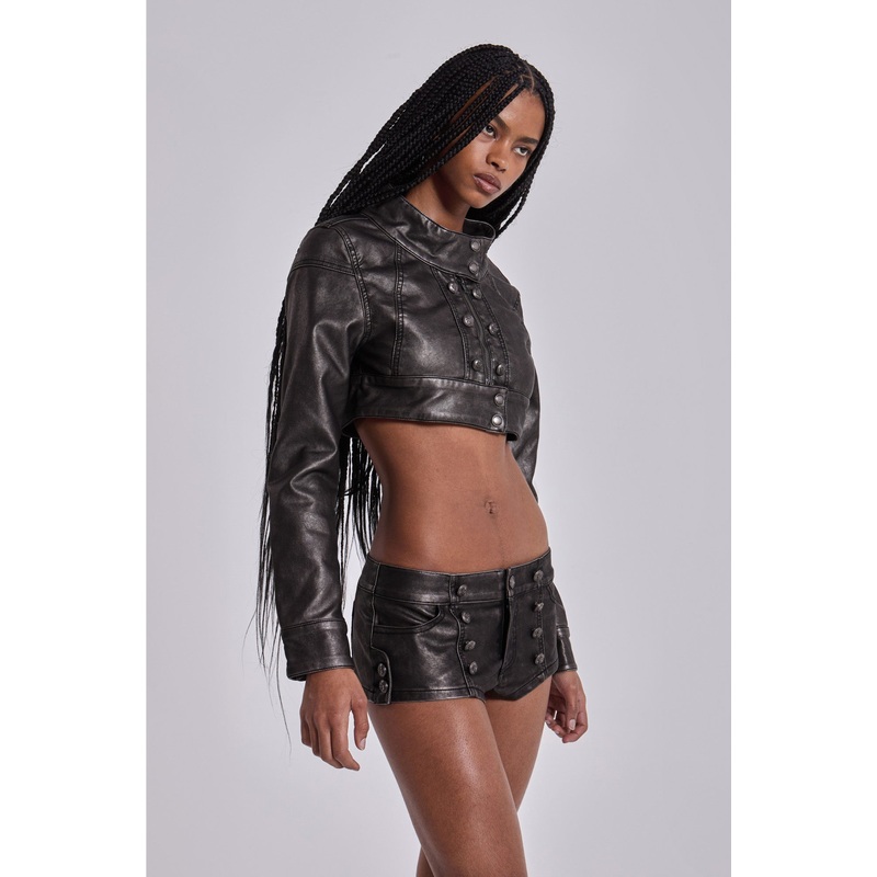 Alektra Military PU Leather Crop Jacket XS Black