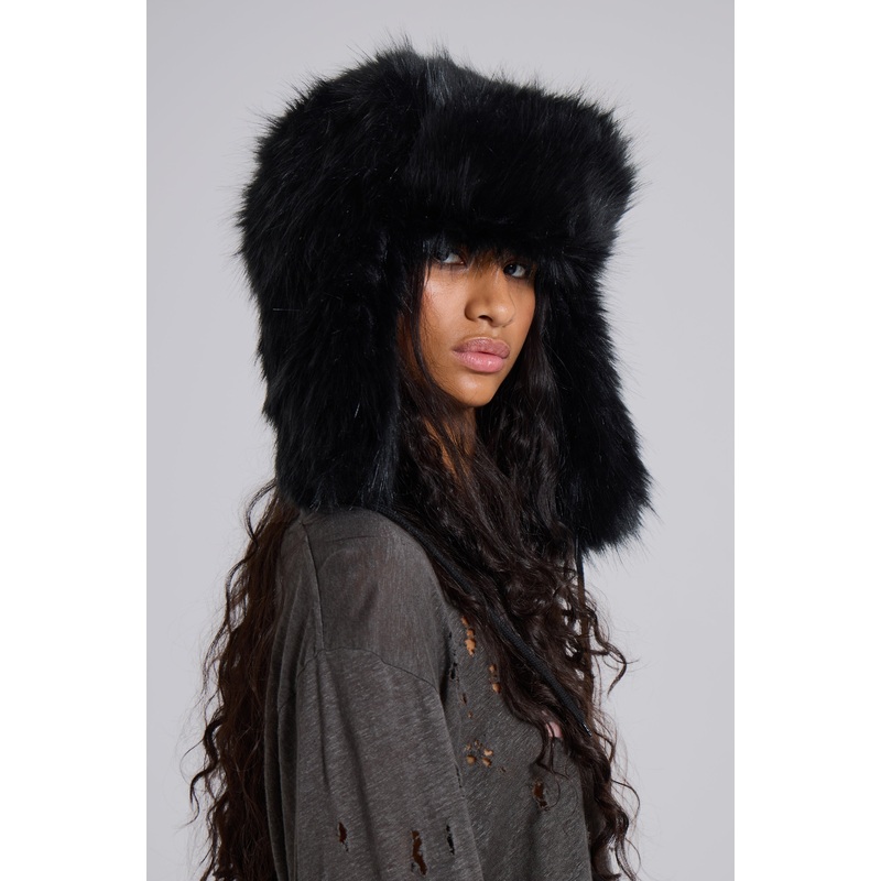 Black Faux Fur Trapper Hat ONE SIZE Black