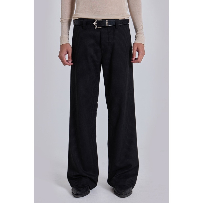 Black Pinstripe Stacked Straight Suit Pants W26 Black