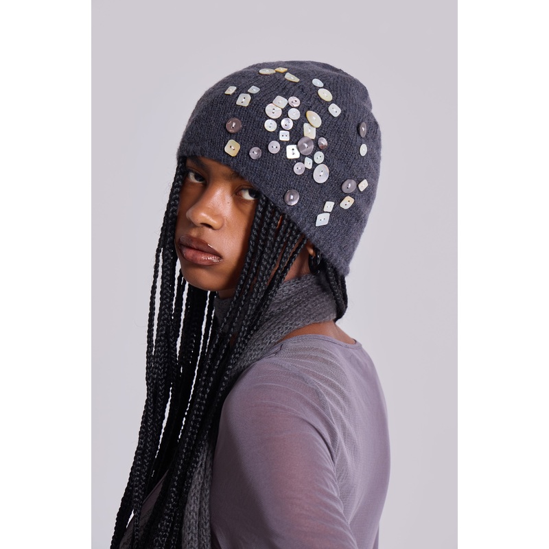 Button Up Knit Beanie ONE SIZE Grey