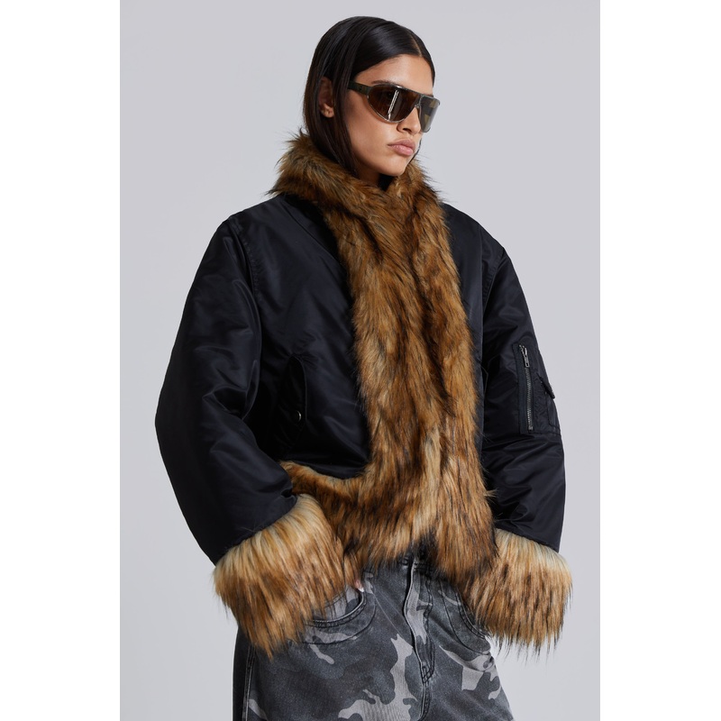 Evren Faux Fur Bomber Jacket in Black XS Black