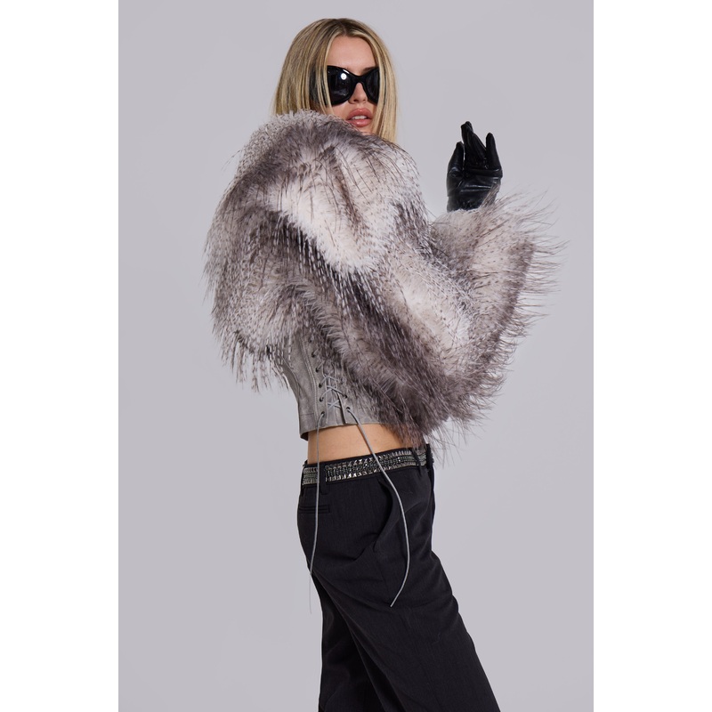 Haka Faux Feather Fur and Leather Jacket XS Grey