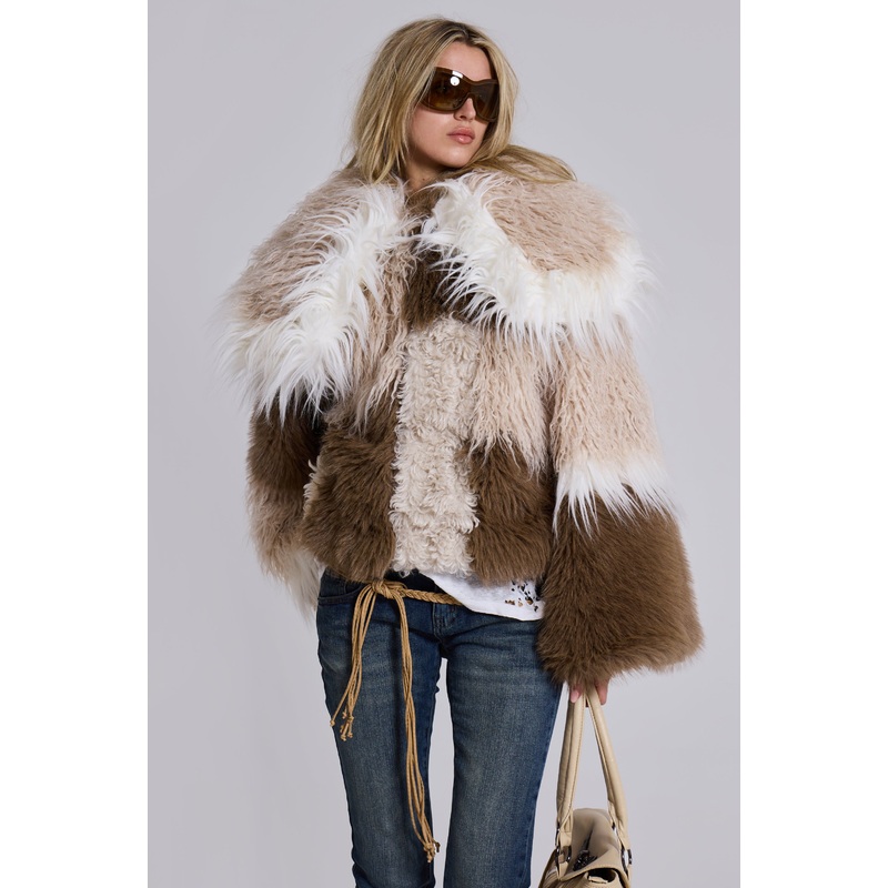 Oksana Patchwork Faux Fur Coat in Beige XS/S Beige