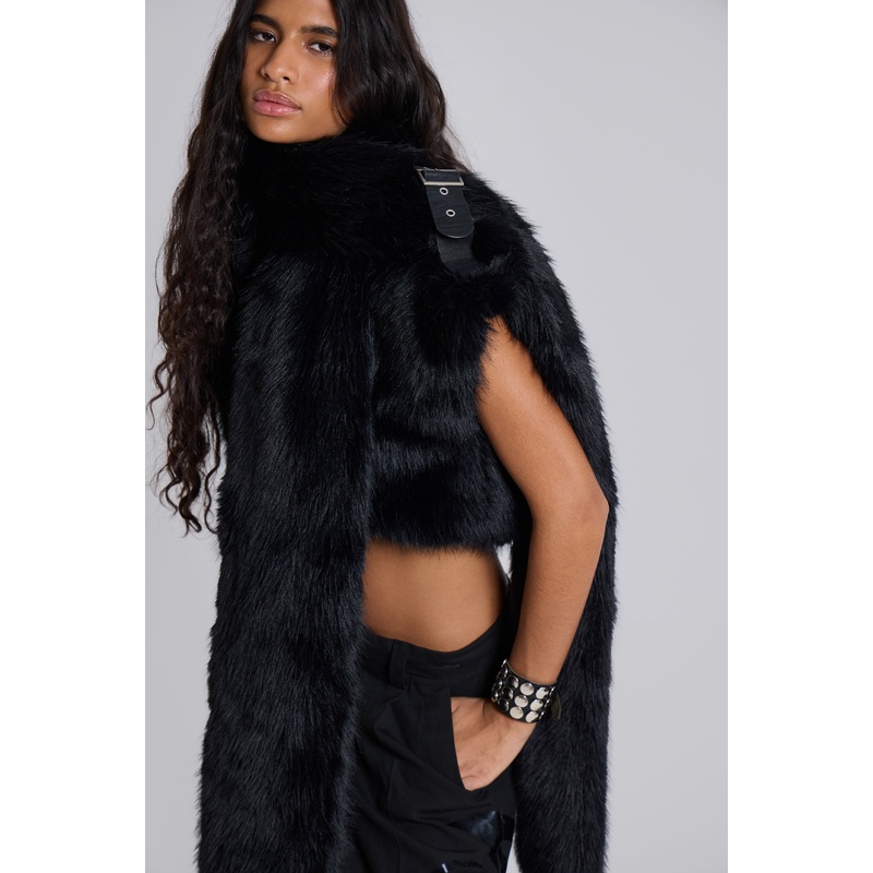 Saskia 2-in-1 Faux Fur Shrug in Black XS Black