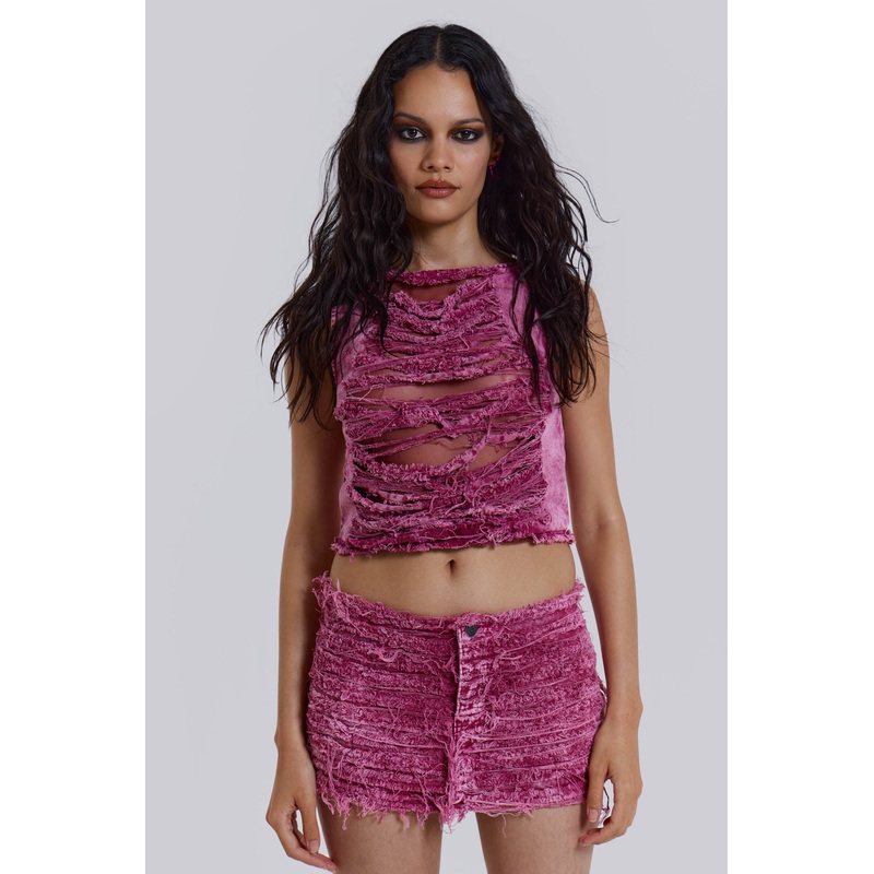 Sinner Denim Mini Skirt UK 4 Pink