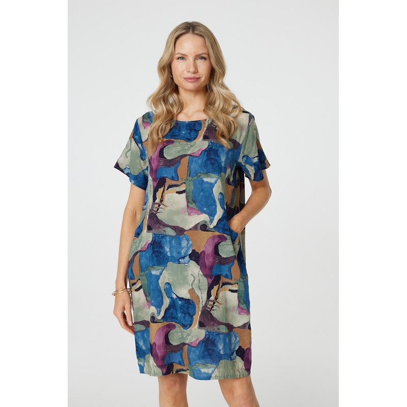 Abstract Print Knee Length Shift Dress Blue 8