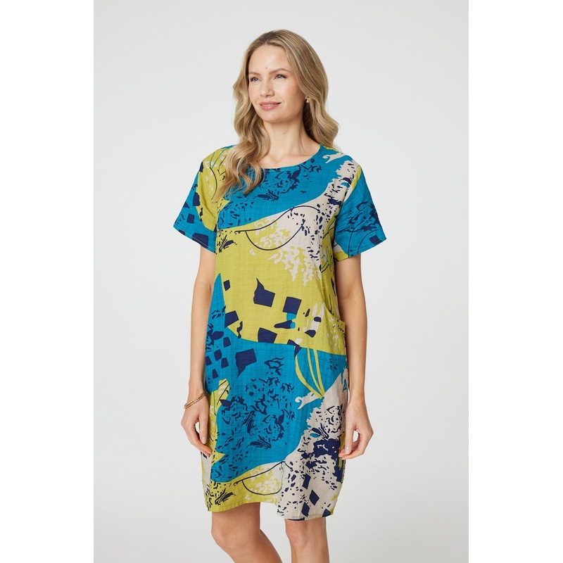 Abstract Print Short Sleeve Shift Dress Yellow 8