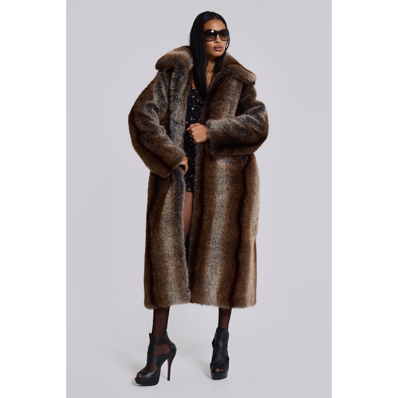 Agyness Brown Faux Fur Coat S/M Brown
