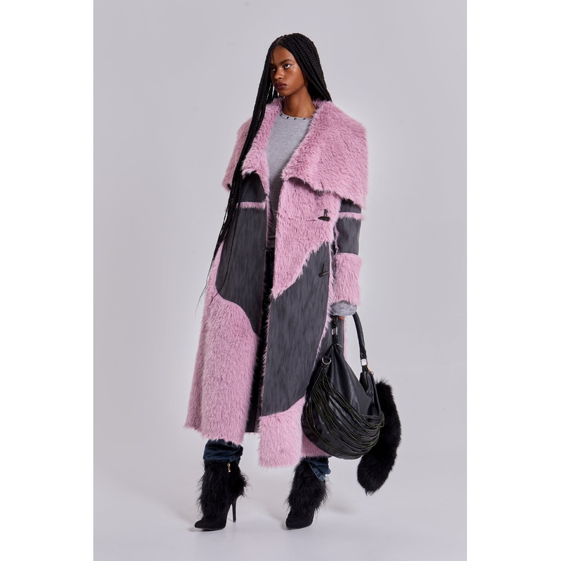 Alise Patchwork Faux Suede and Fur Maxi Coat XS Pink