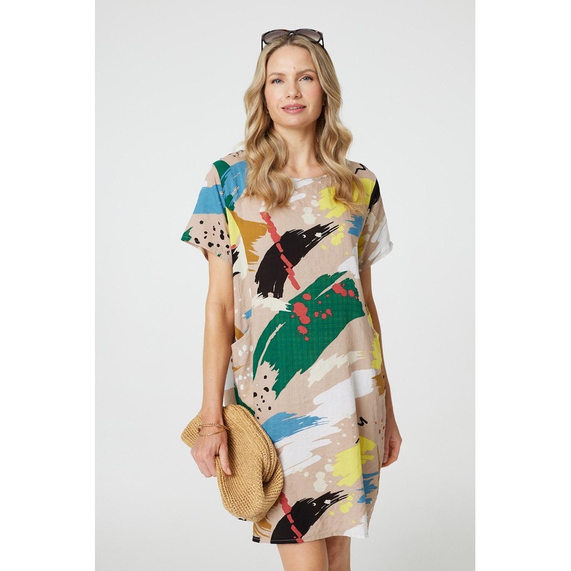 Brushstroke Print Knee Length Shift Dress Green 8