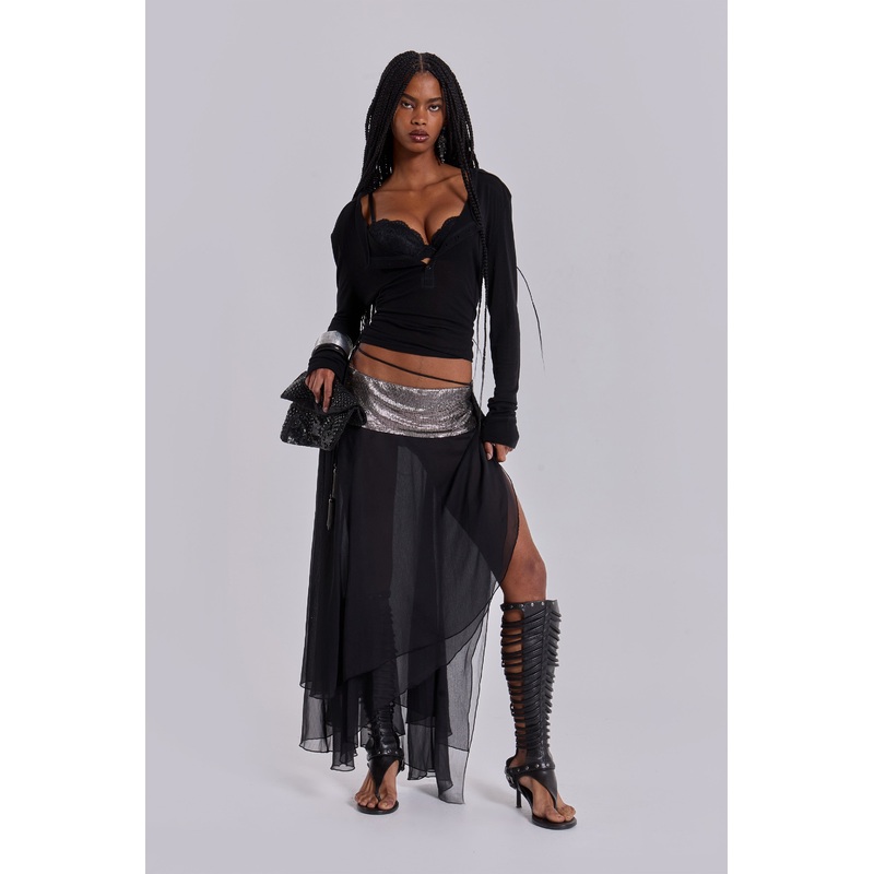 Evodia Chainmail Chiffon Wrap Skirt UK 4 Black