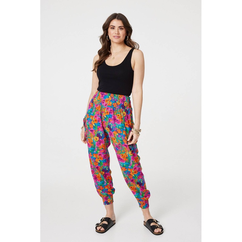 Floral Shirred High Waist Harem Pants Pink 8