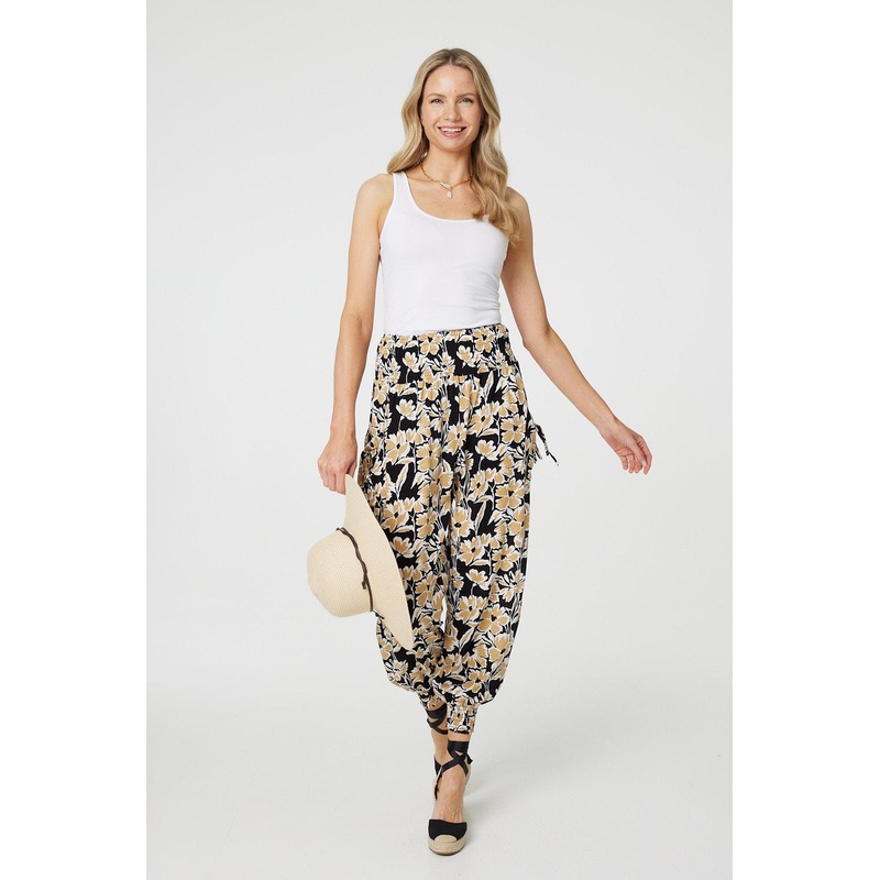 Floral Tassel Tie Pocket Harem Pants Black 8