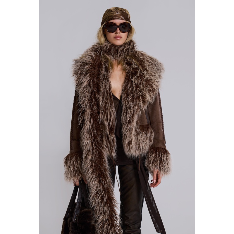 Leonie Faux Mongolian Fur Trim Coat in Brown XS Brown