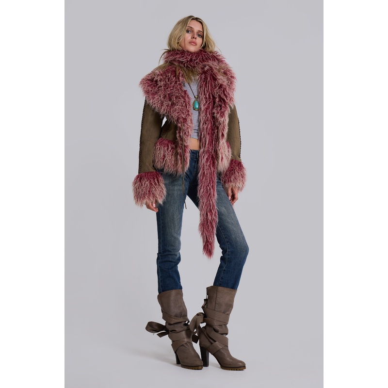 Leonie Faux Mongolian Fur Trim Coat in Quartz XS Pink