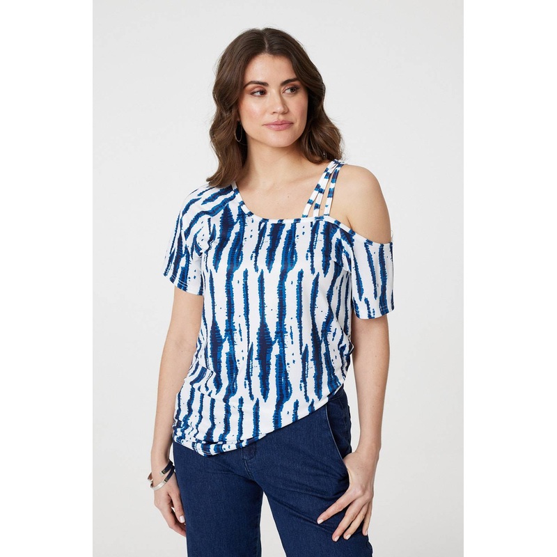 Tie Dye Print Asymmetric Strap Sleeve Top White 8