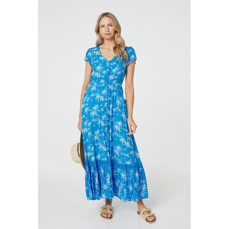Tropical Print Angel Sleeve Maxi Dress Blue 8