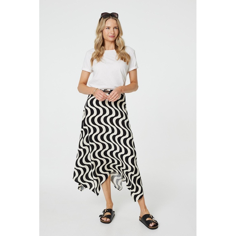 Wave Print Hanky Hem Belt Midi Skirt Black 8
