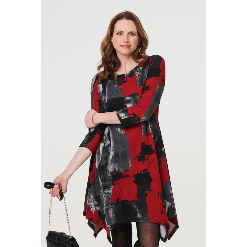 Abstract 3/4 Sleeve Hanky Hem Dress Red 8