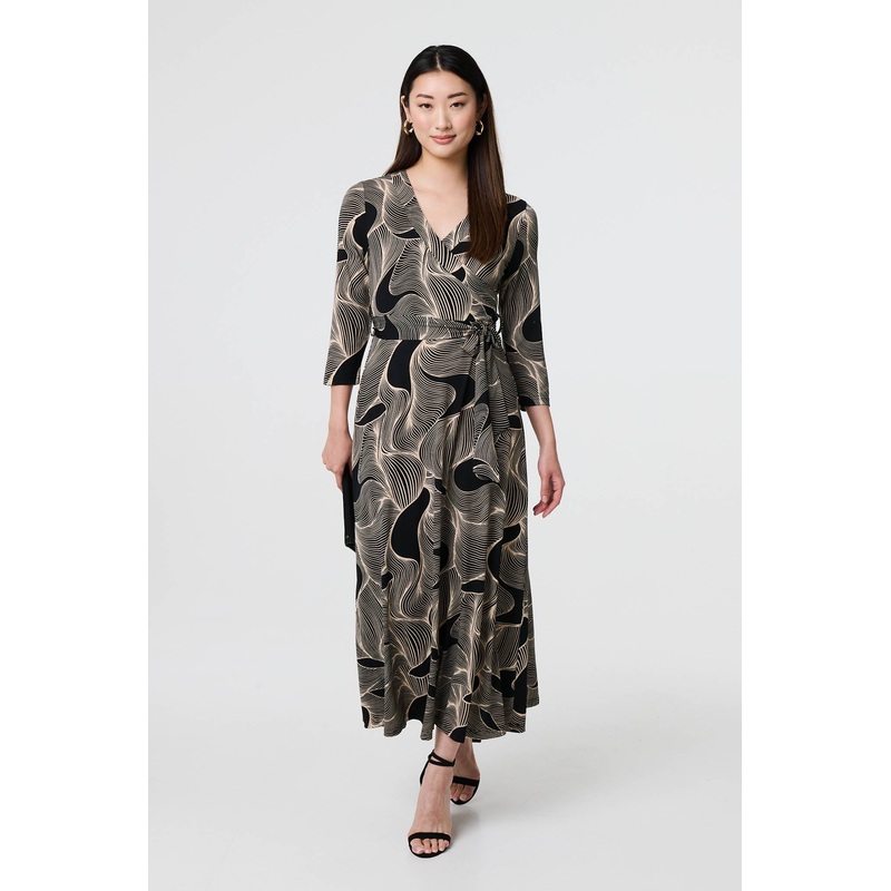 Abstract 3/4 Sleeve Tie Waist Wrap Maxi Dress Beige 8