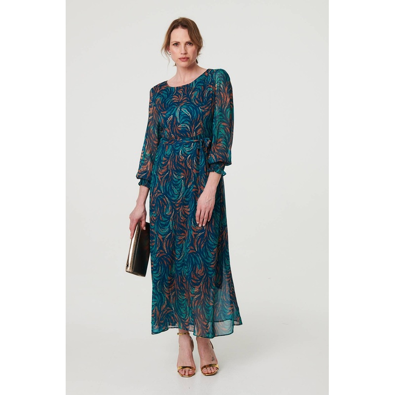 Abstract Long Sheer Sleeve Maxi Dress Teal 8