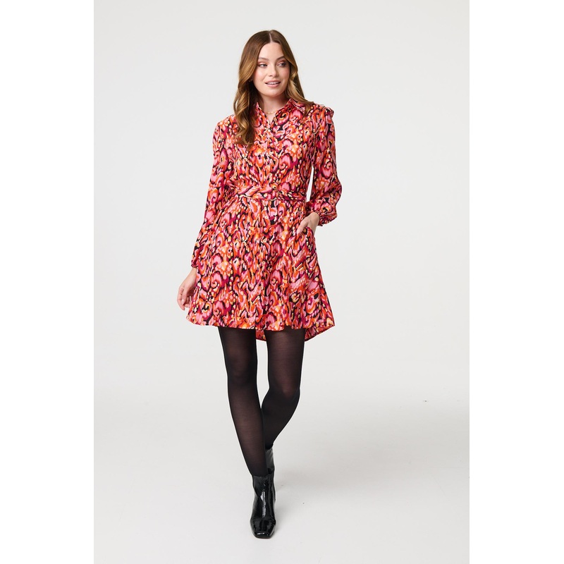 Abstract Print Belt Detail Shirt Dress Pink 8