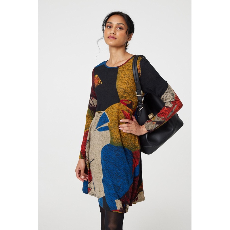 Abstract Print Long Sleeve Short Swing Dress Red 8