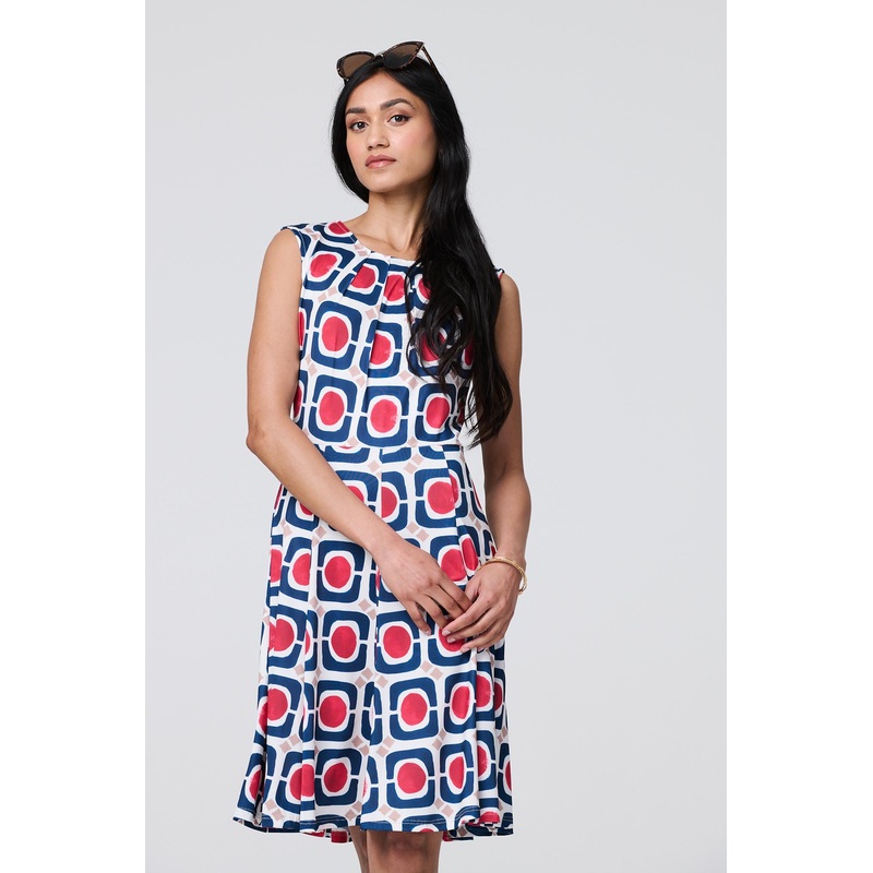 Abstract Print Sleeveless Knee Length Dress Blue S