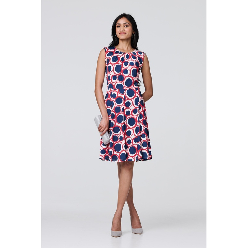 Abstract Sleeveless Knee Length Dress Red S