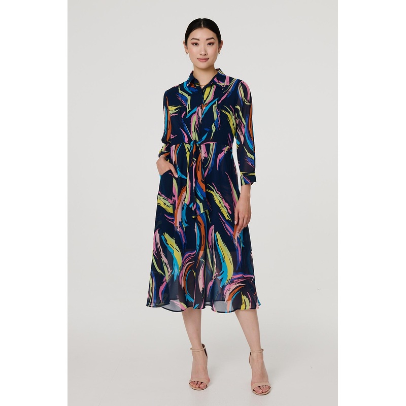 Abstract Tie Front Midi Shirt Dress Navy 8