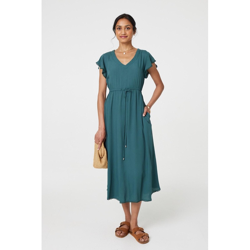 Angel Sleeve Drawstring Waist Midi Dress Green 8