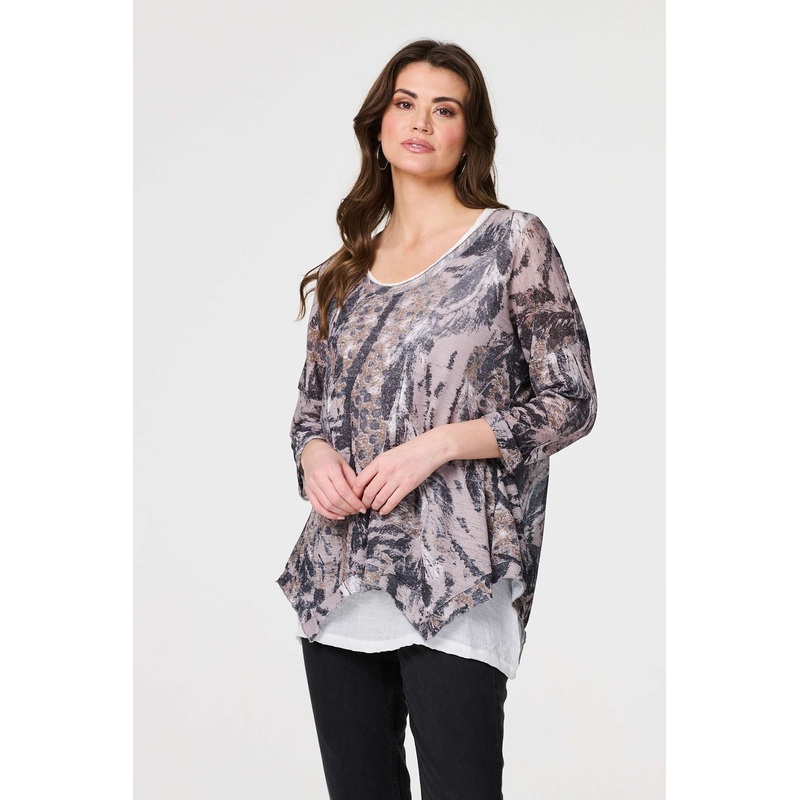 Animal Print Double Layer Relaxed Tunic Top Beige 8