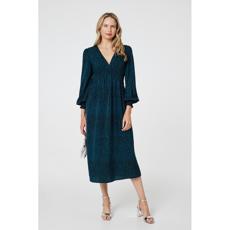 Animal Print Long Puff Sleeve Midi Dress Green 8