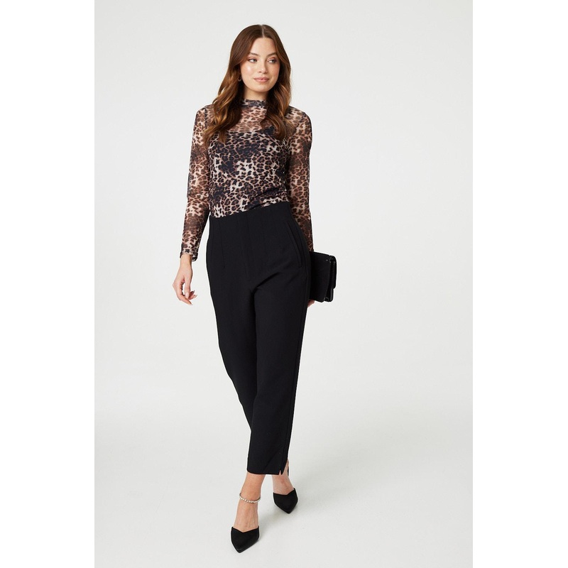 Animal Print Long Sleeve Sheer Mesh Top Beige 8