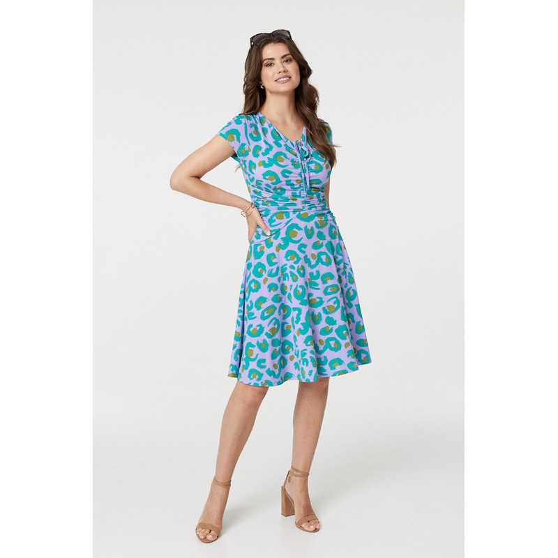 Animal Print Ruched Front Jersey Dress Purple 8