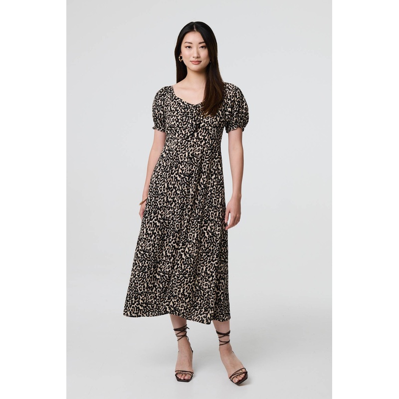 Animal Print Short Puff Sleeve Maxi Dress Beige 8