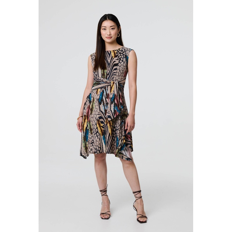 Animal Print Tie Waist Knee Length Dress Beige 8