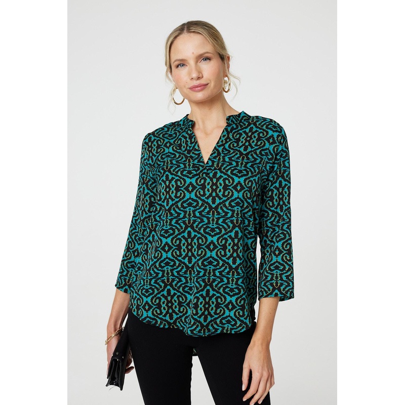 Aztec Print 3/4 Sleeve Curve Hem Blouse Green 8