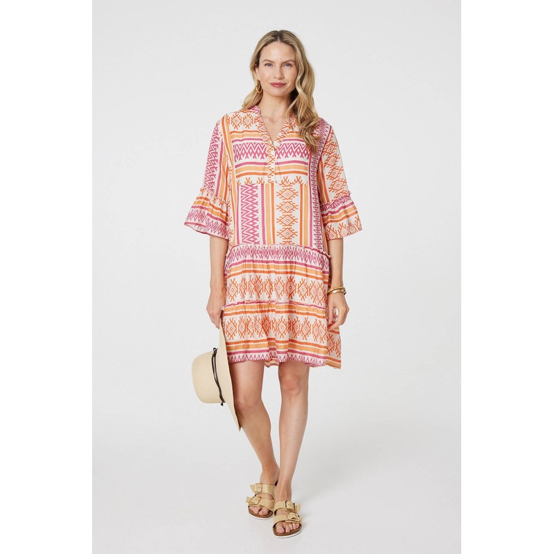 Aztec Print V-Neck 3/4 Sleeve Short Dress Pink 8