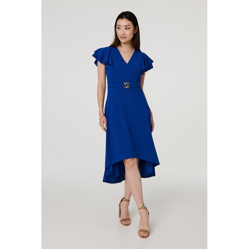 Belt Detail Frilled Sleeve Midi Dress Blue 8