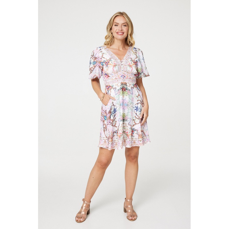 Border Print V-Neck Empire Mini Dress White 8