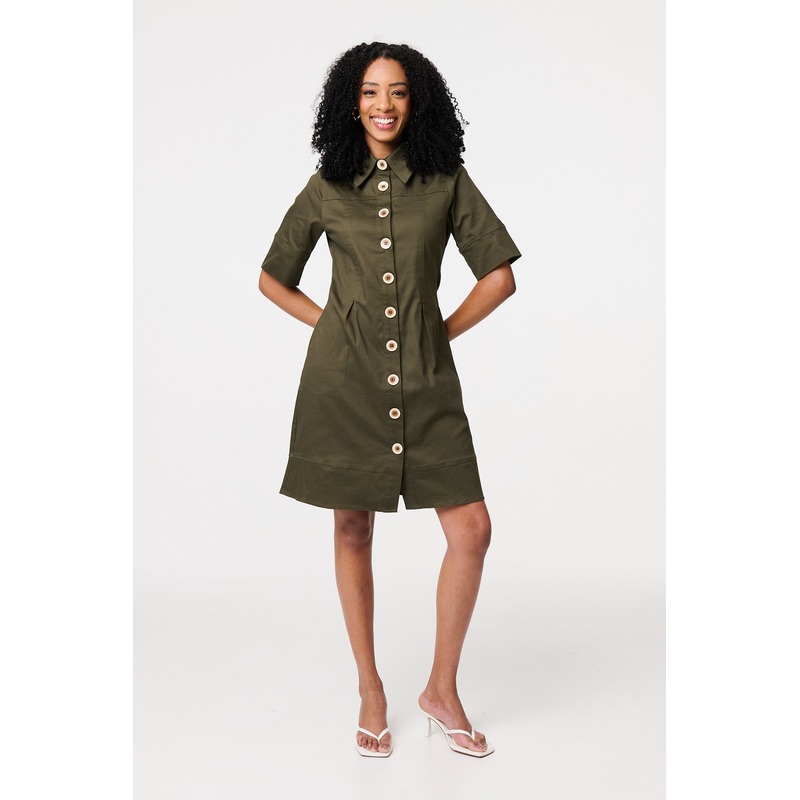 Boxy Button Down Shirt Mini Dress Khaki 8