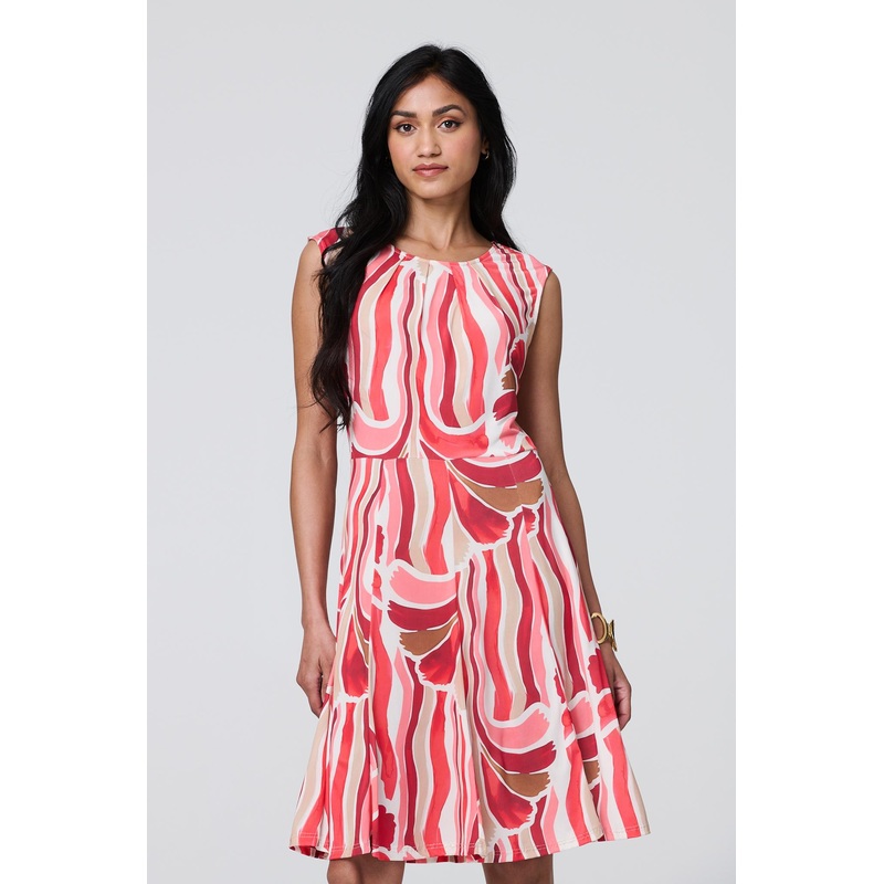 Brushstroke Print Sleeveless Knee Length Dress Orange S