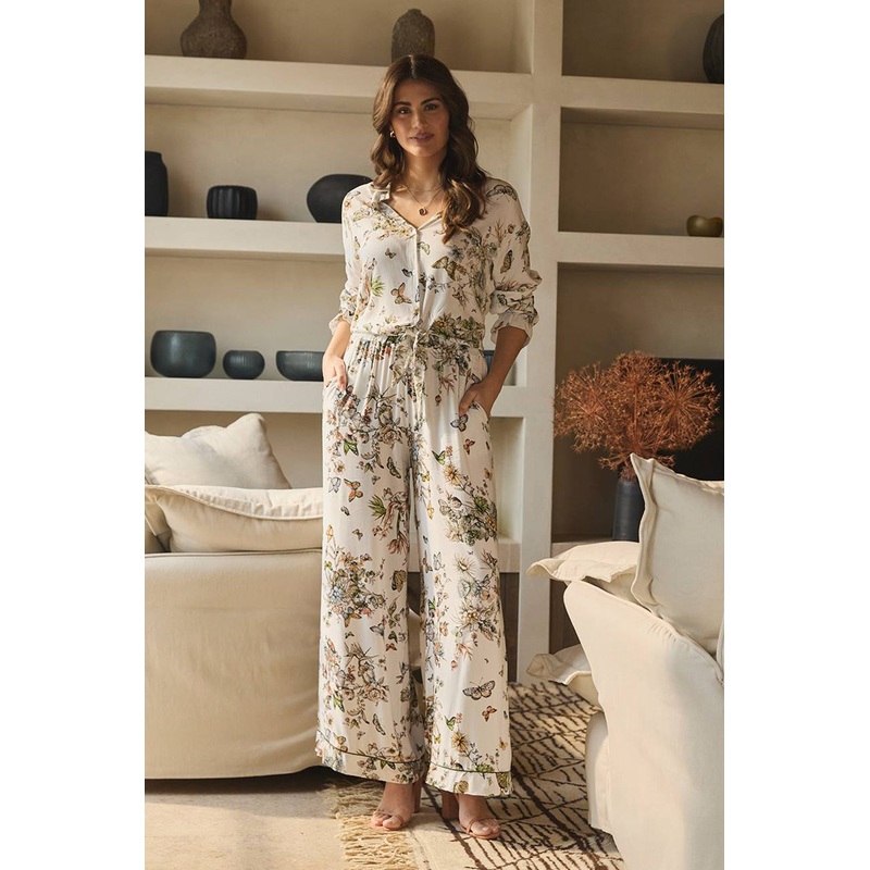 Butterfly Print High Rise Relaxed Trousers Beige S