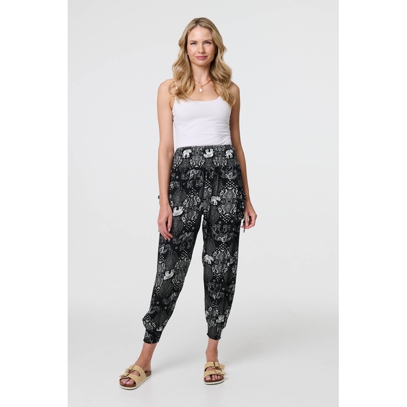 Elephant Print Relaxed Harem Pants Black 8