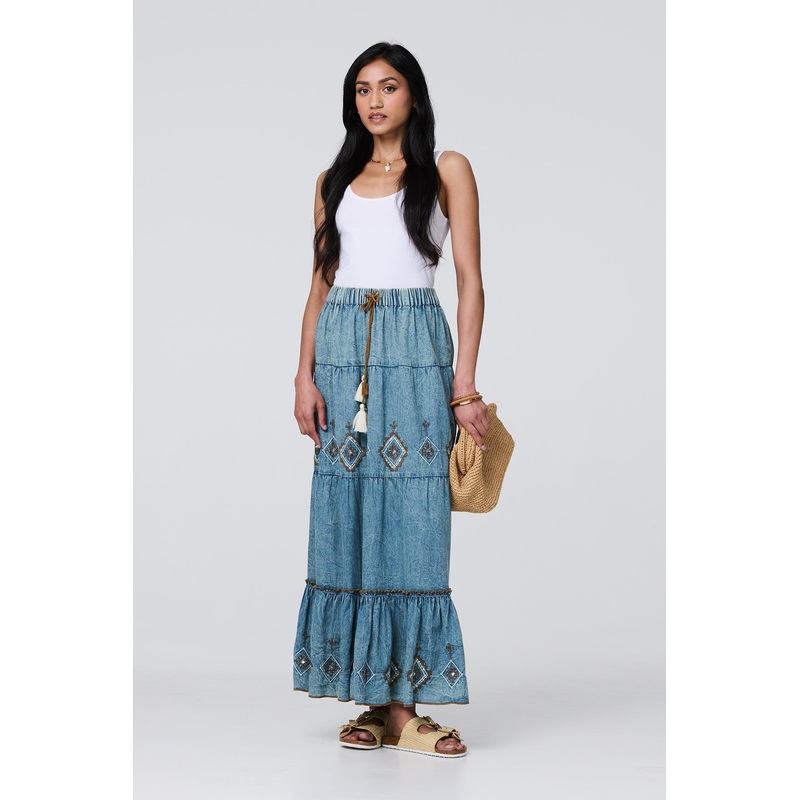 Embroidered Tiered Tassel Waist Maxi Skirt Indigo 8