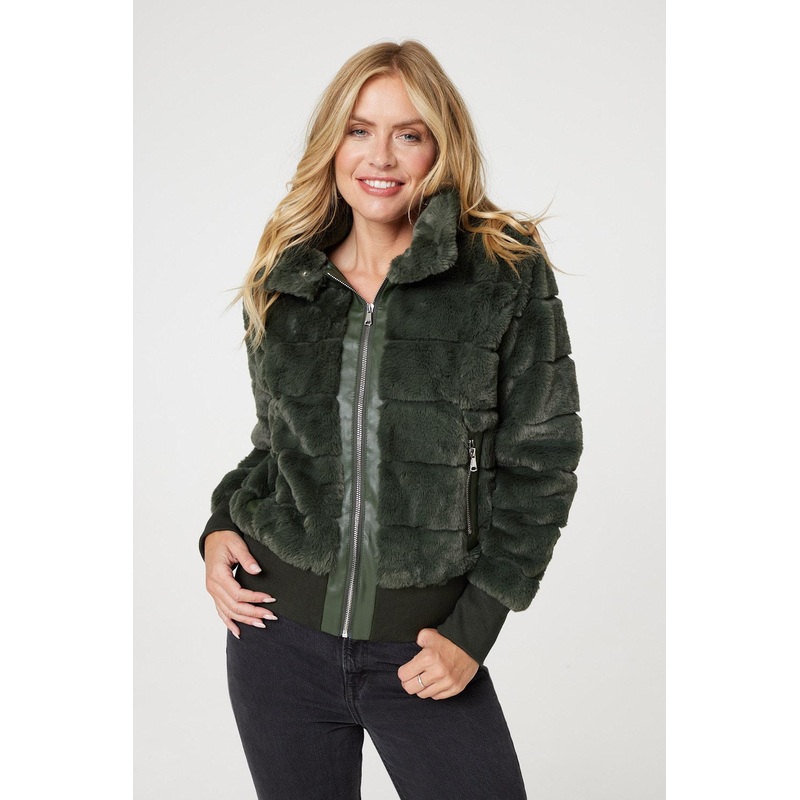 Faux Fur Zip Front Jacket Khaki 8