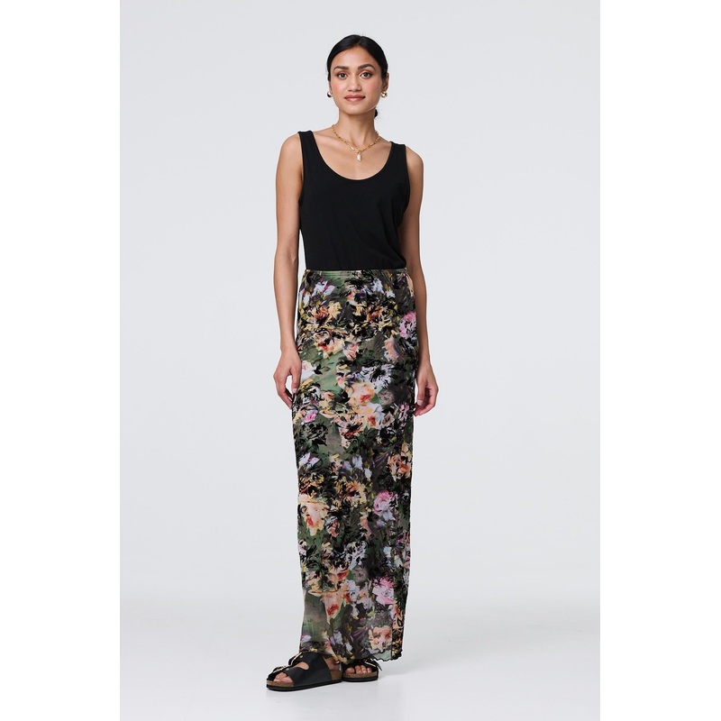 Floral Mesh High Waist Straight Maxi Skirt Green 8