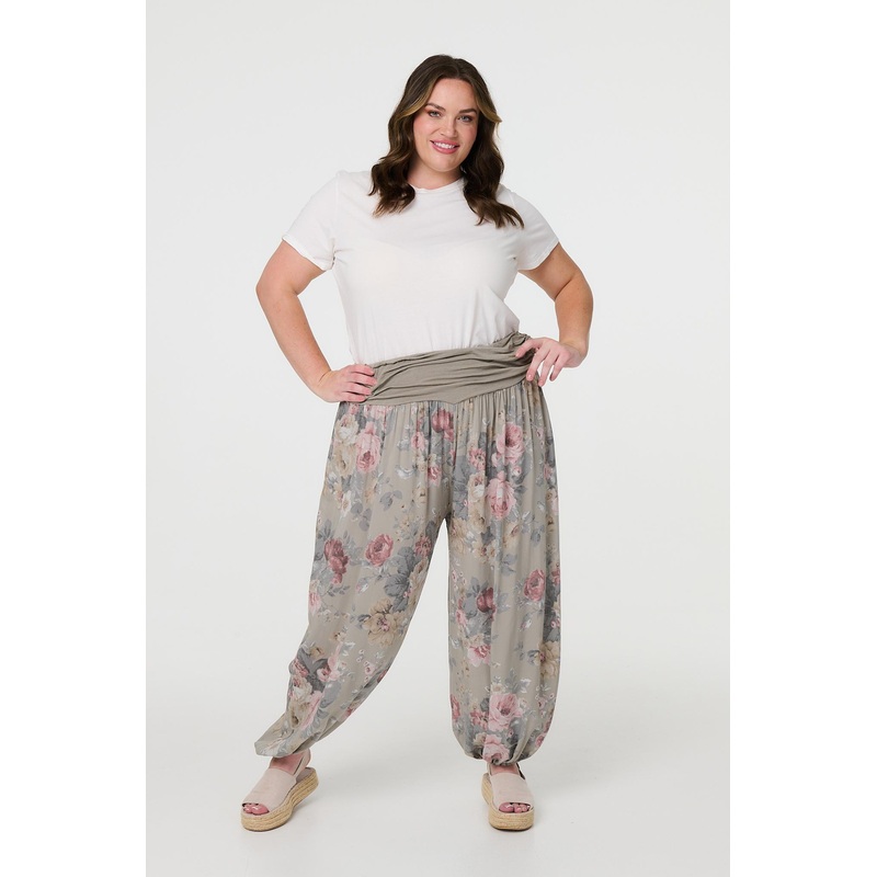 Floral Ruched Waist Harem Trousers Brown 8