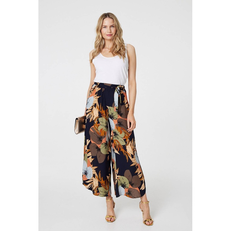 Leaf Print Tie Waist Split Leg Trousers Navy 8